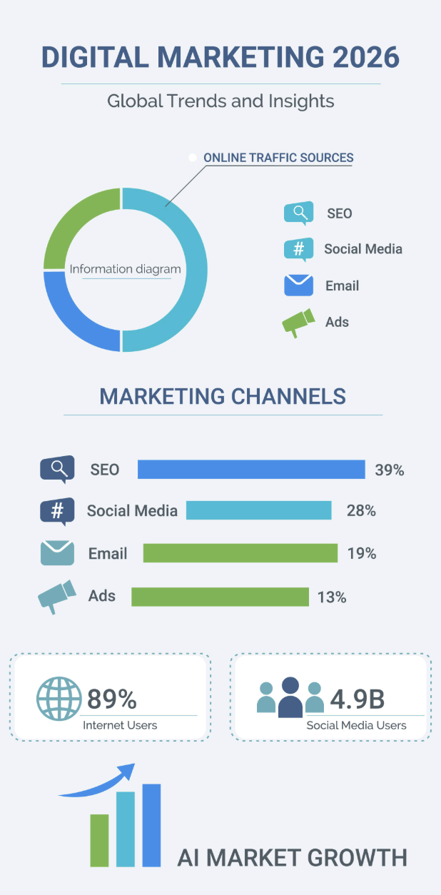  Digital marketing channels infographic showing SEO, social media, email marketing, and advertising statistics for 2026 